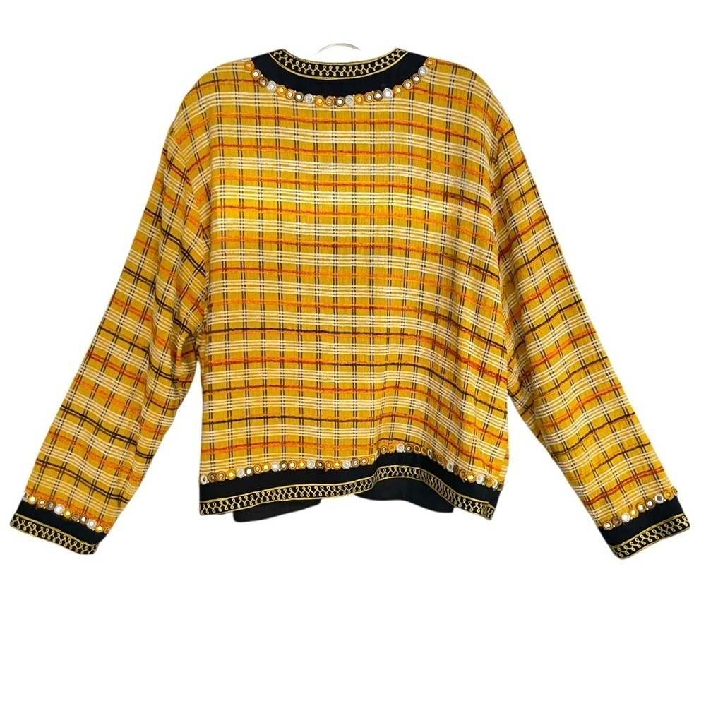 Alex Kim Vtg. Embellished Plaid Open Front Jacket Yellow, Black, Beaded Missy L - Picture 4 of 13